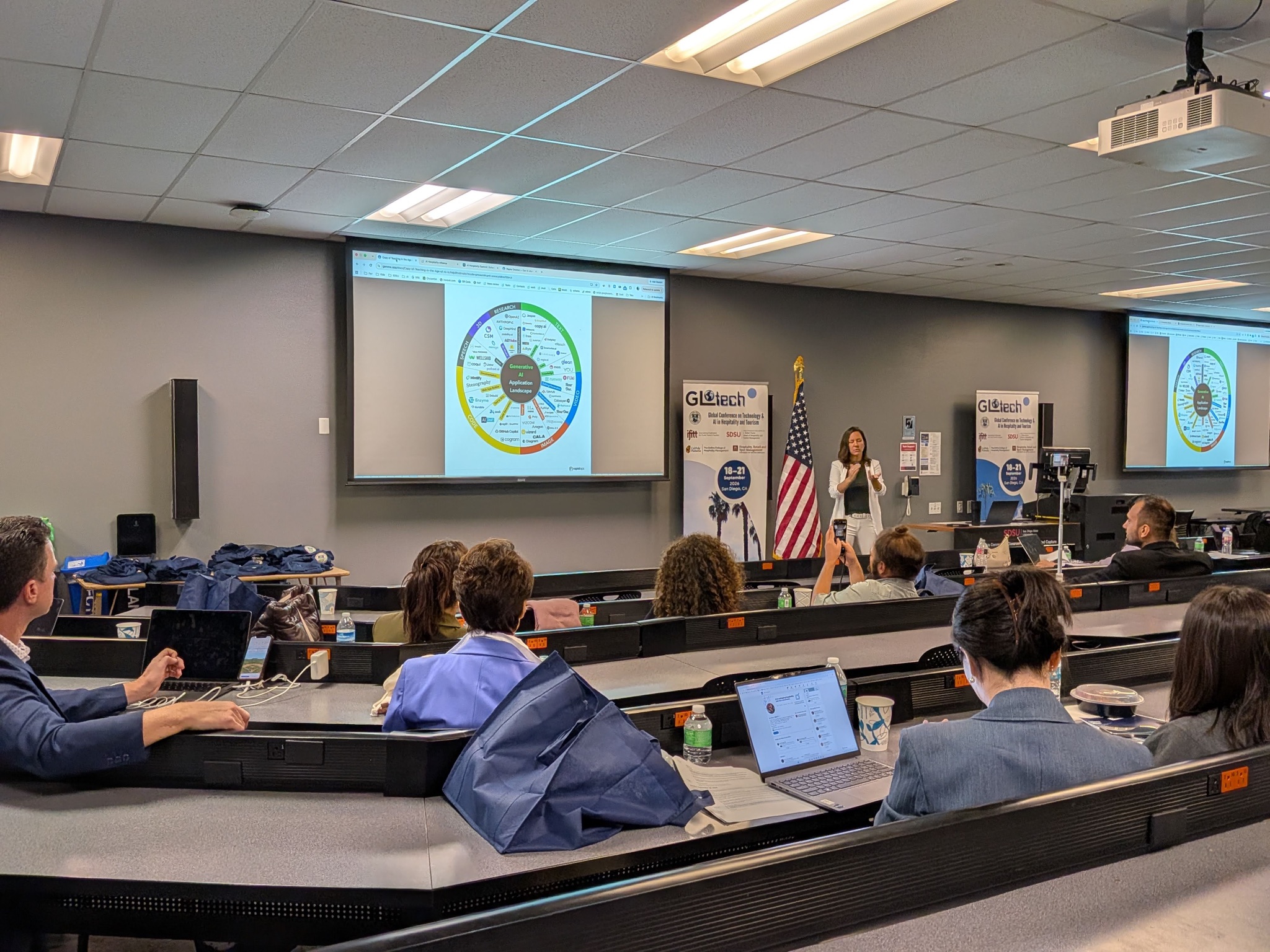 Audience at Ira Vouk's GLOTECH 2026 keynote on AI in hospitality education, SDSU